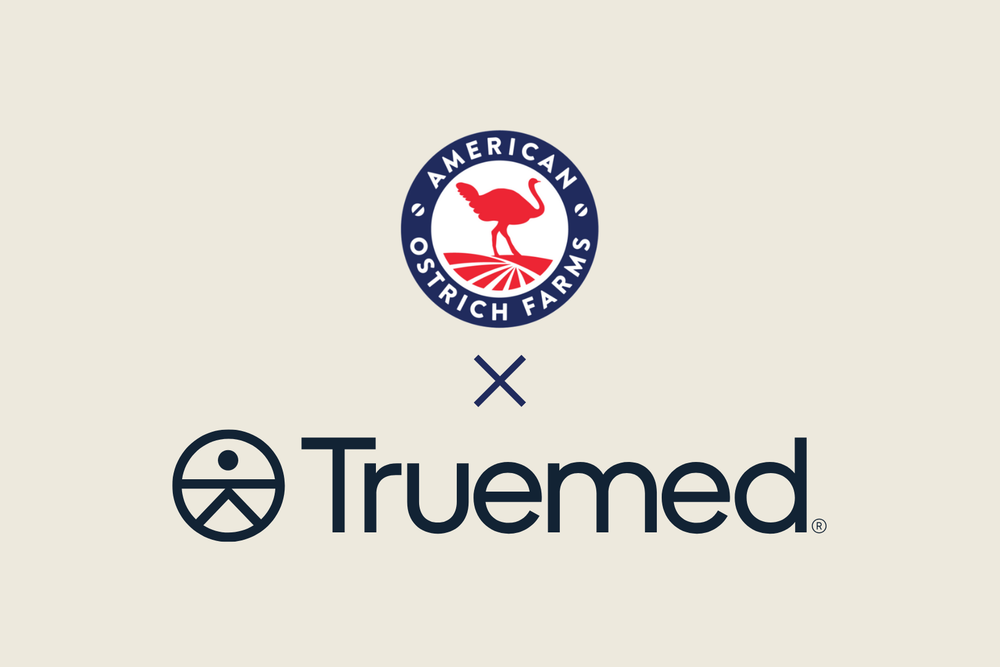 Logos of American Ostrich Farms and Truemed on a beige background