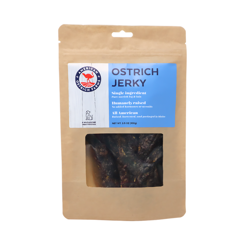 3.5 oz bag of ostrich jerky for dogs and other pets