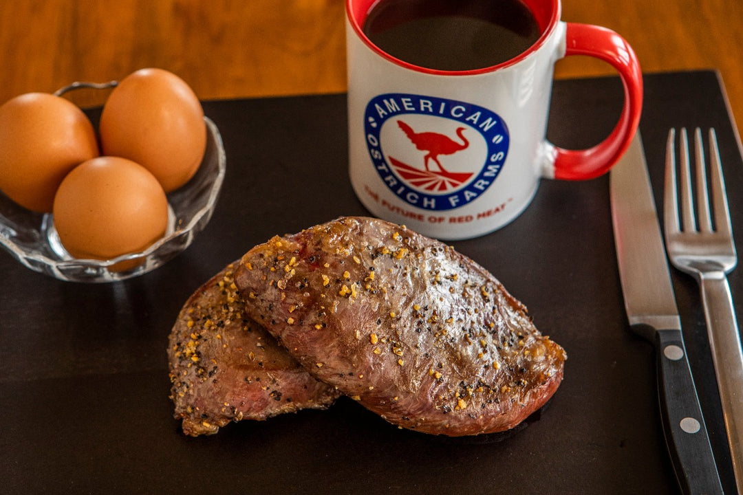 cooked small portion cuts of ostrich strips