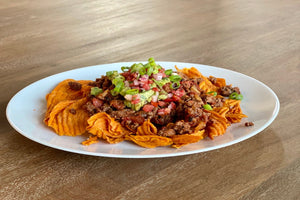 ground ostrich on paleo sweet potato nachos