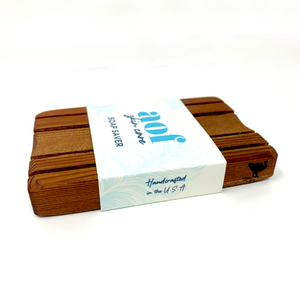 side view of cedar soap tray with ostrich brand