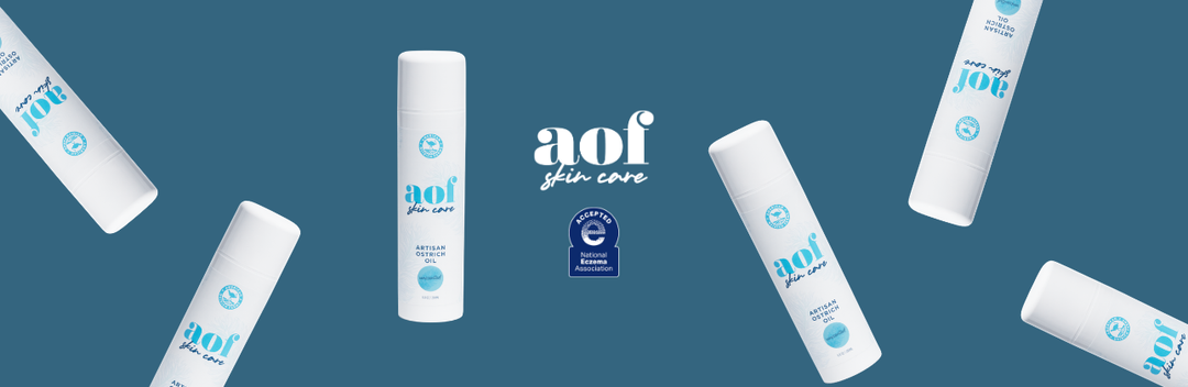 6.8oz bottles of unscented ostrich oil with aof skin care logo and national eczema association seal
