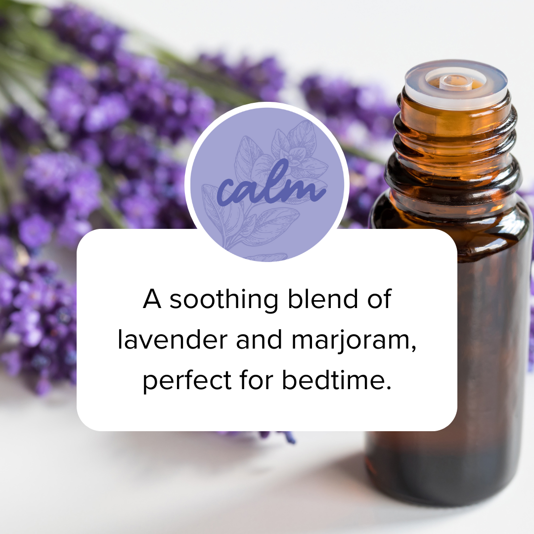 calm scent-a soothing blend of lavender & marjoram, perfect for bedtime. Lavender in the background.
