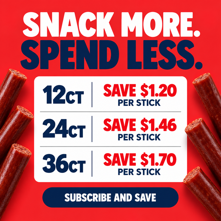 Bold graphic with red background and white headline reading Snack More Spend Less. Pricing tiers listed: 12ct save $1.20, 24ct save $1.46, 36ct save $1.70. Navy Subscribe and Save button at the bottom.
