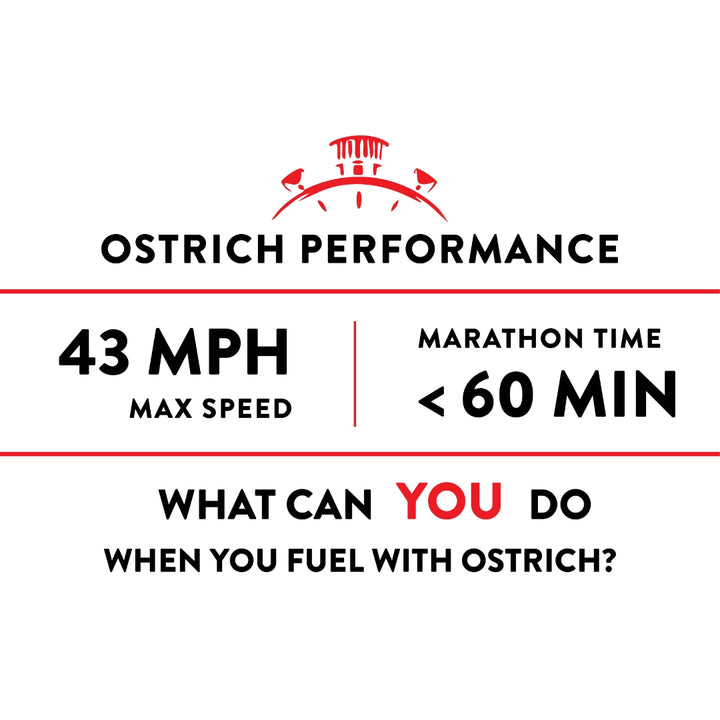 Ostrich Performance advertisement with speed and marathon time information on a white background.