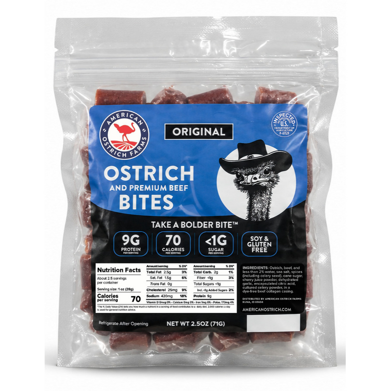 A 2.5 oz bag of American Ostrich Farms Original Flavor Ostrich and Premium Beef Bites