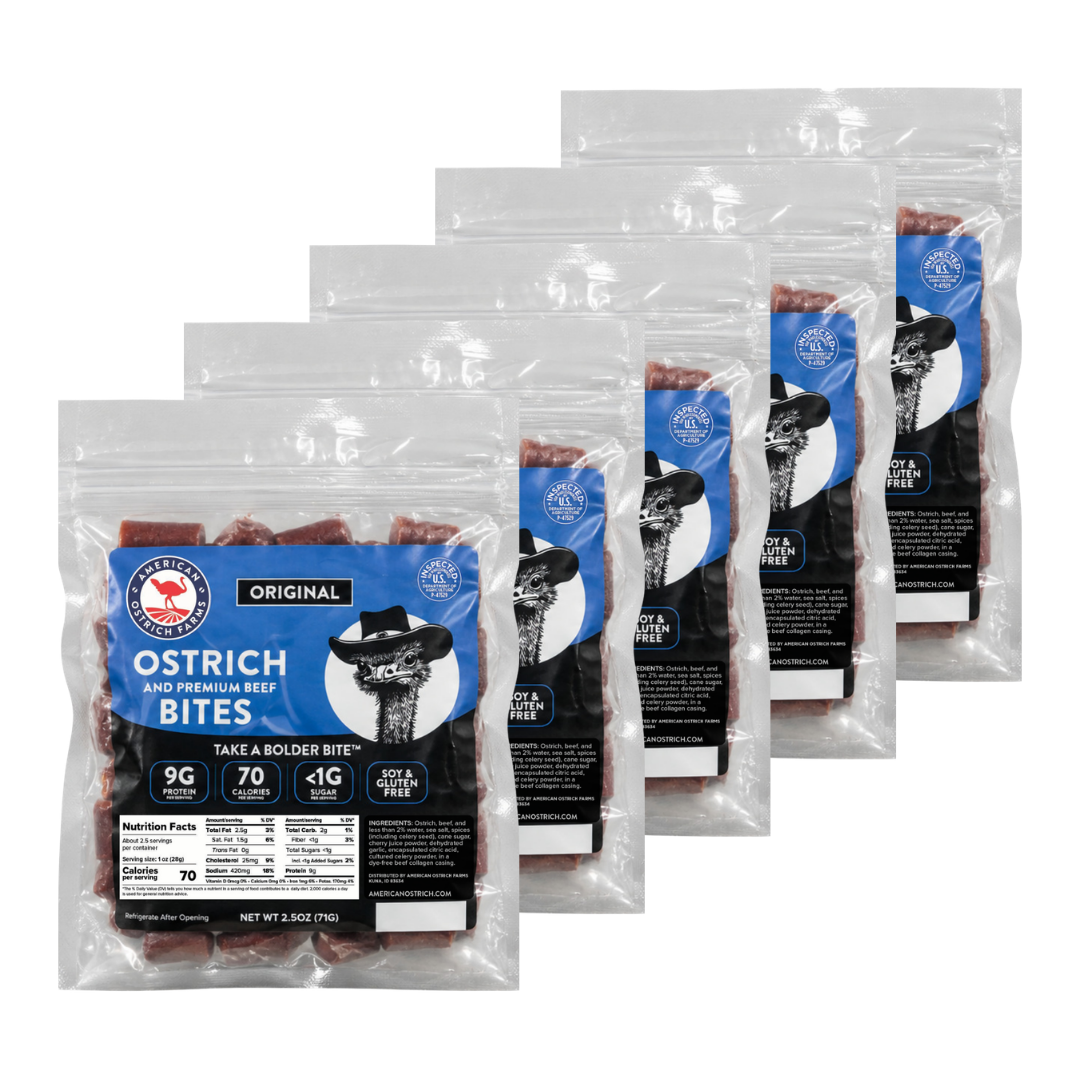 Five 2.5 oz bags of American Ostrich Farms Original Flavor Ostrich and Premium Beef Bites