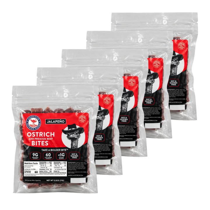 Five 2.5 oz bags of American Ostrich Farms Jalapeno Flavor Ostrich and Premium Beef Bites