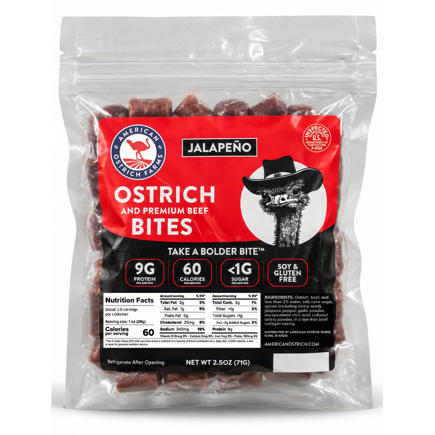 A 2.5 oz bag of American Ostrich Farms Jalapeno Flavor Ostrich and Premium Beef Bites