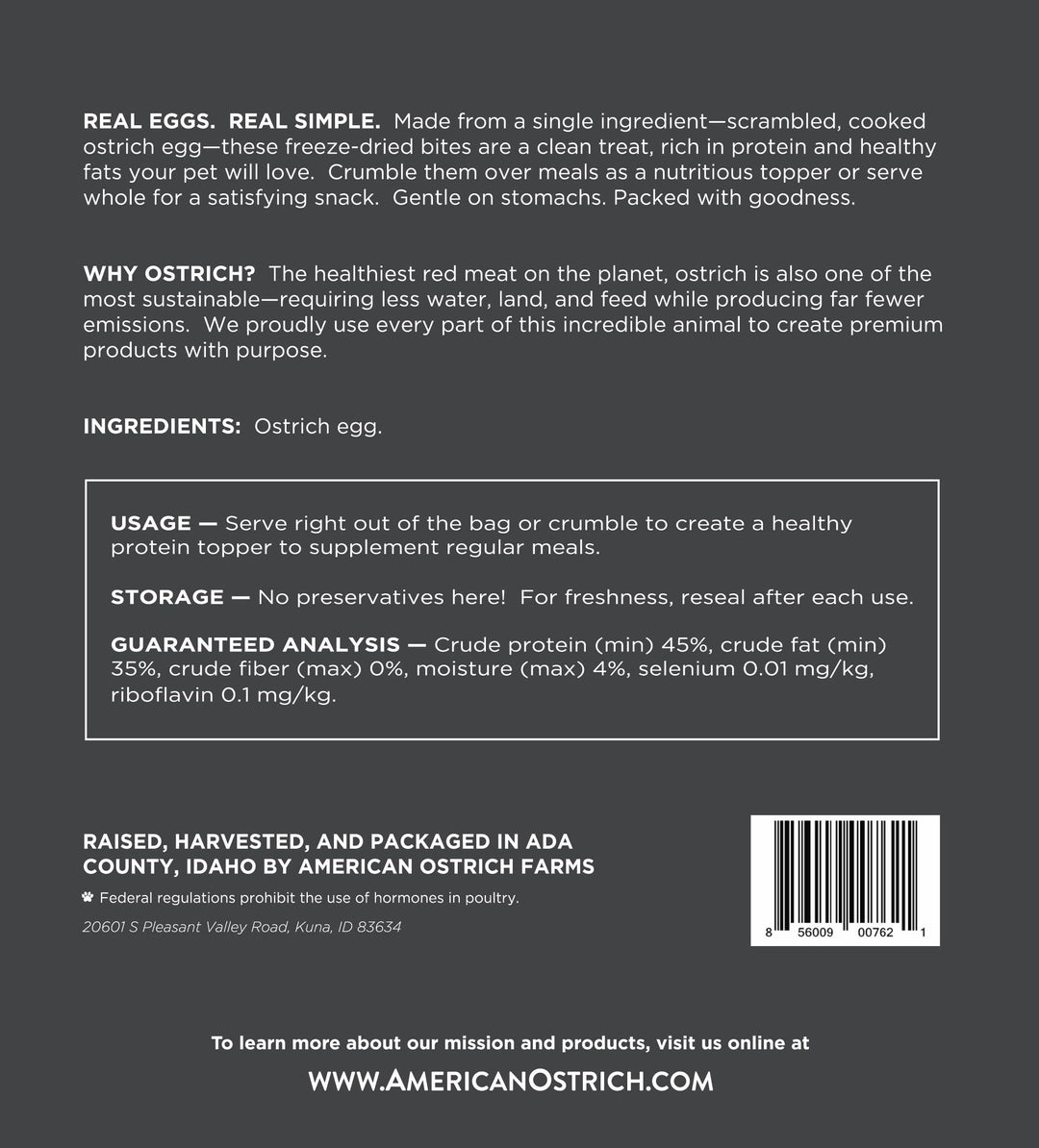 Back label of single 2.5 oz bag of freeze dried ostrich eggs