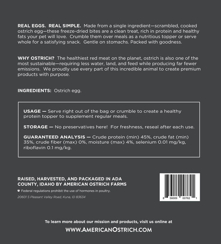 Back label of single 2.5 oz bag of freeze dried ostrich eggs