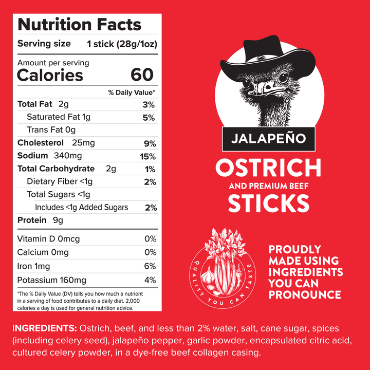 Nutrition facts label and branding for Jalapeño Ostrich and Premium Beef Sticks on a red background.