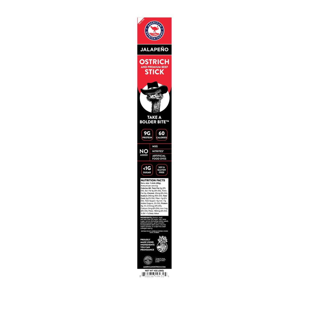 Jalapeño ostrich stick packaging on a white background