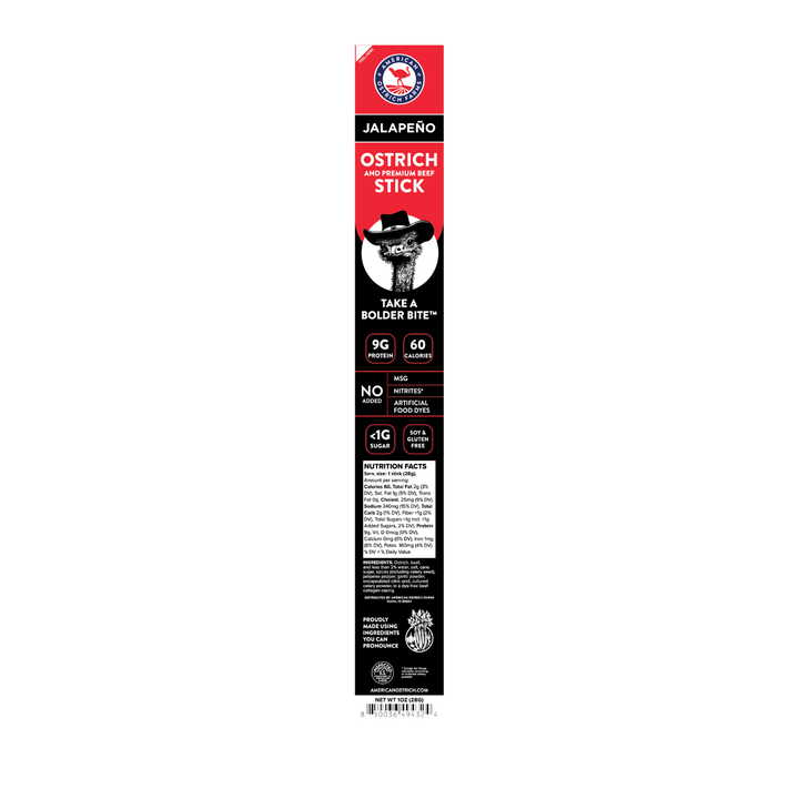 Jalapeño ostrich stick packaging on a white background