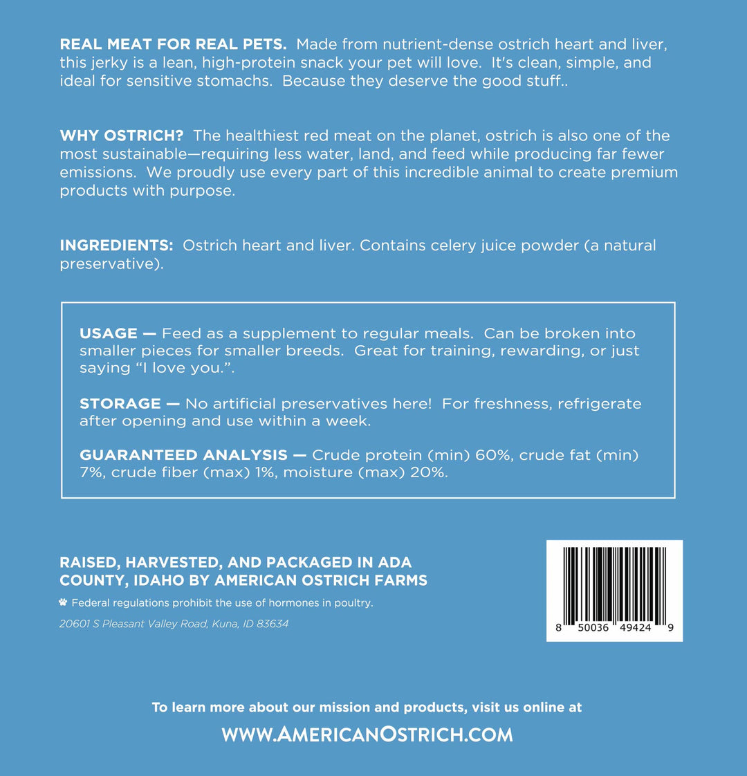 Back label of an American Ostrich Farms Ostrich Jerky dog treats bag
