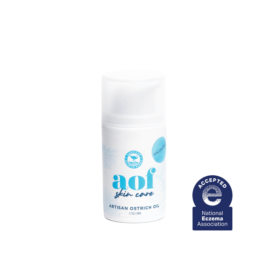 1.7oz bottle of aof skin care product with National Eczema Association acceptance badge on a white background