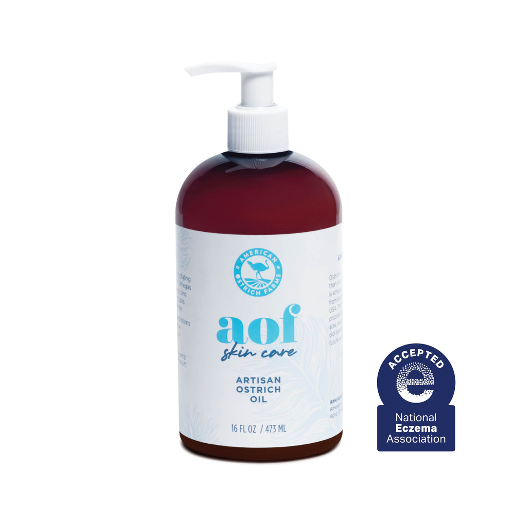 16 oz bottle of aof skin care product with a National Eczema Association acceptance badge on a white background