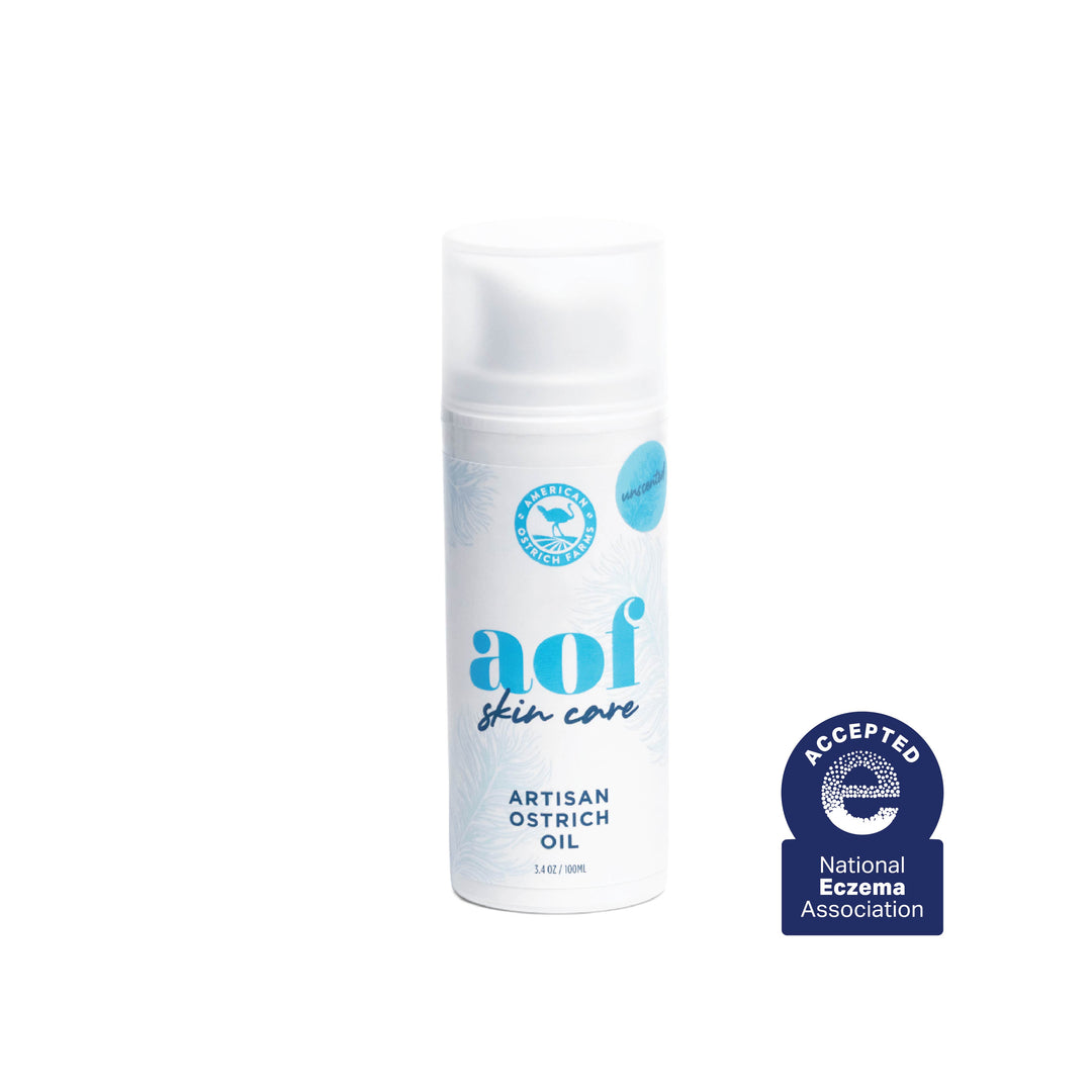 3.4 oz bottle of aof skin care Artisan Ostrich Oil with National Eczema Association acceptance badge on a white background