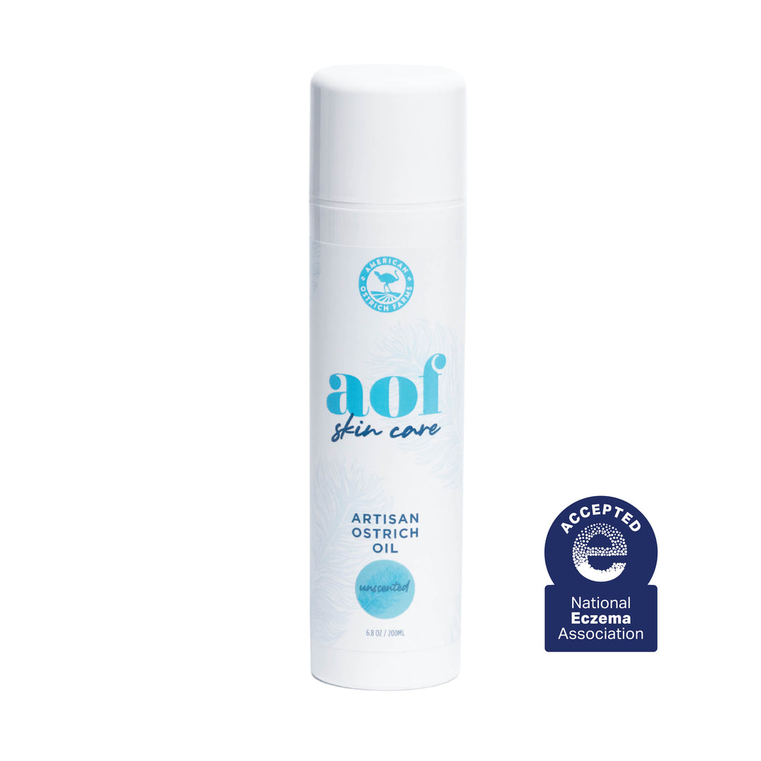 6.8oz aof skin care bottle with National Eczema Association acceptance badge on a white background