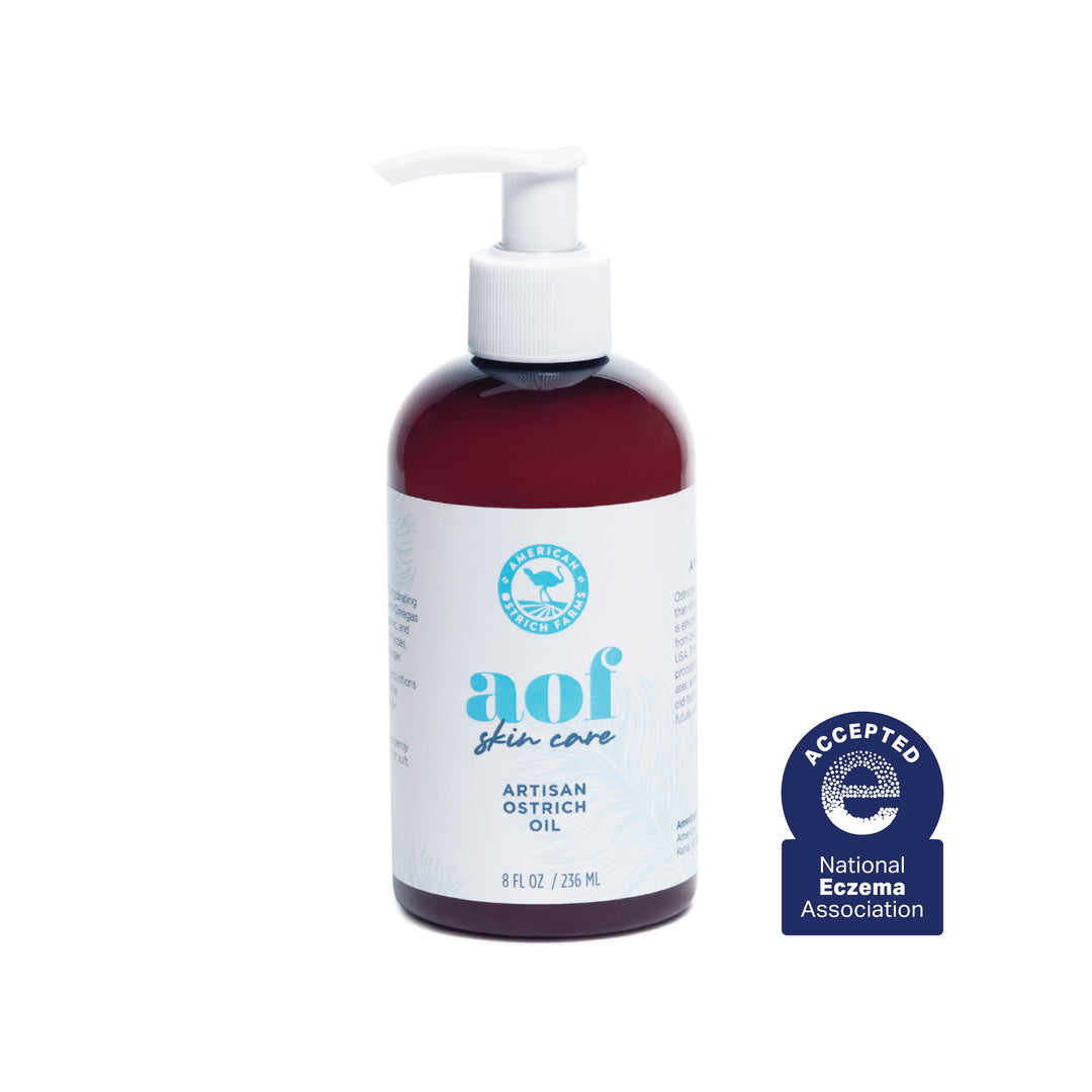 8oz bottle of aof skin care artisan ostrich oil with a National Eczema Association acceptance badge on a white background