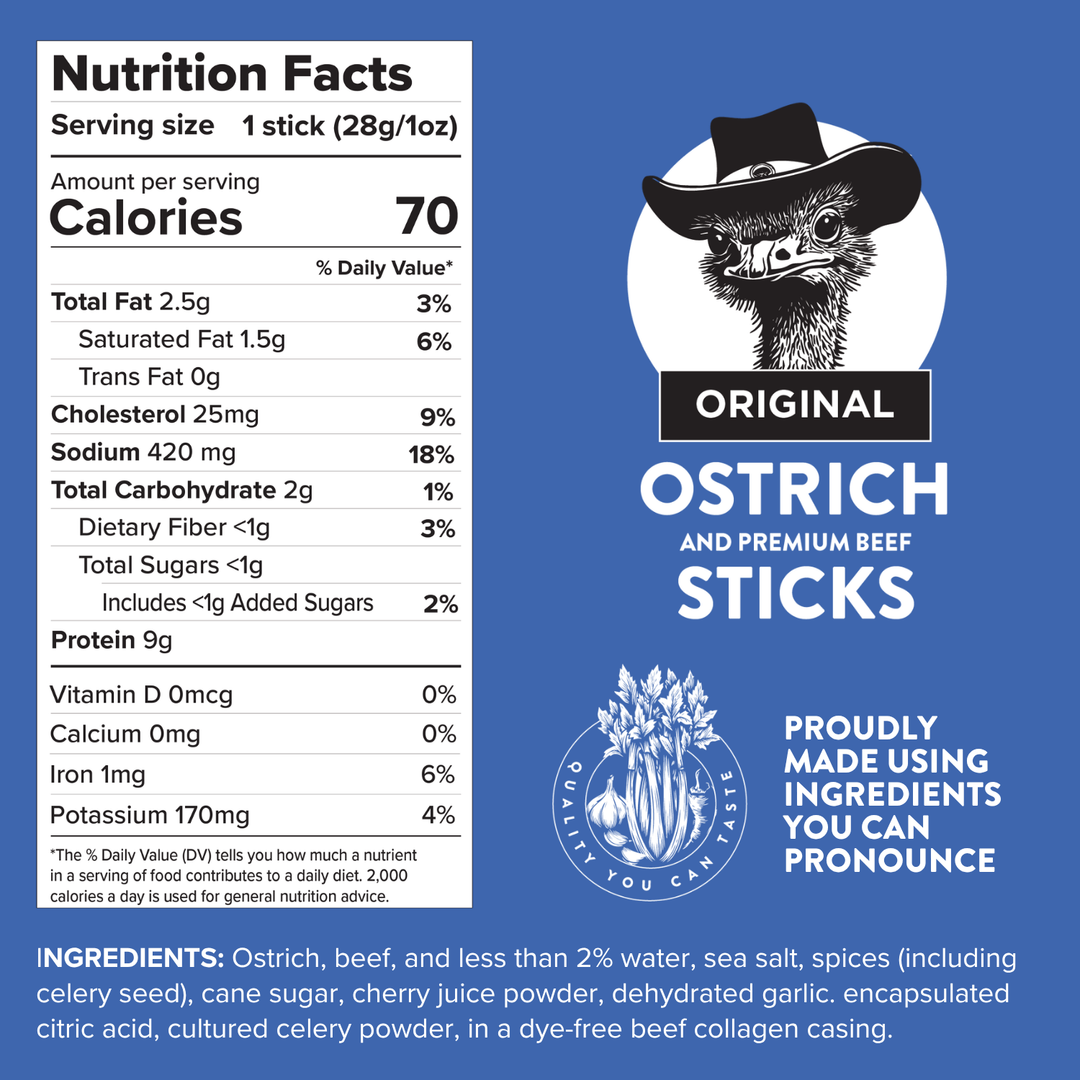 Nutrition facts label for Ostrich and Premium Beef Sticks with an illustration of an ostrich wearing a hat.