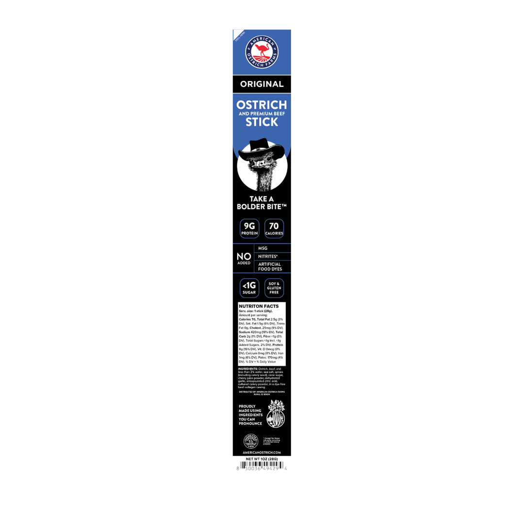Ostrich beef stick packaging with branding and product details on a white background