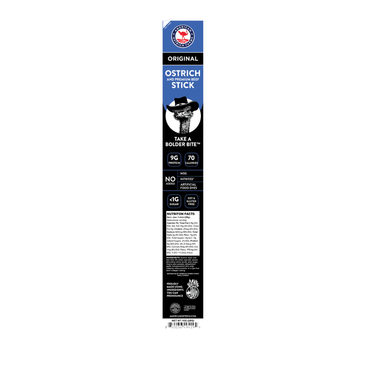 Ostrich beef stick packaging with branding and product details on a white background