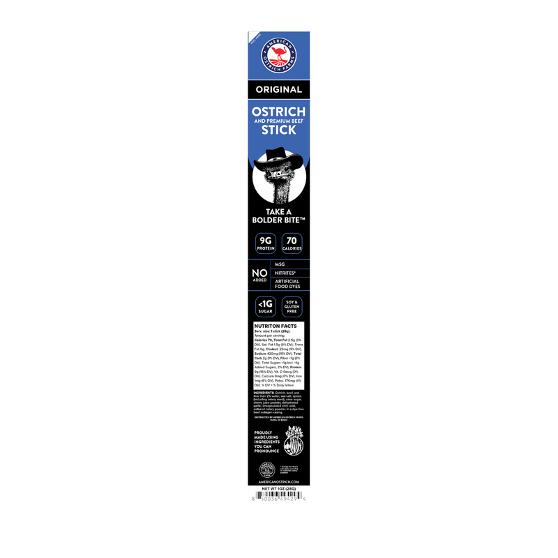 Ostrich beef stick packaging with branding and product details on a white background