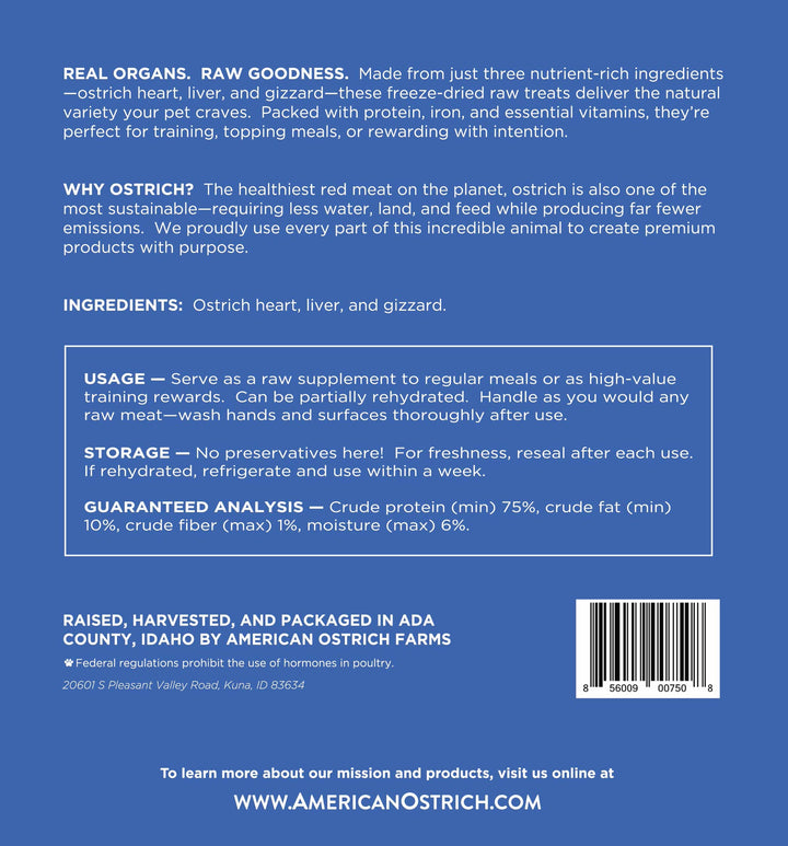 Back label of a 2.5 lb bag of American Ostrich Farms Ostrich Treats dog snacks.