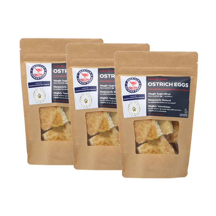 three 2.5 oz bags of freeze dried ostrich eggs