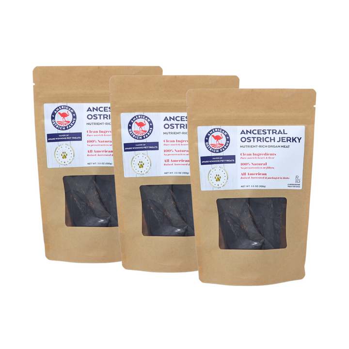 american ostrich farms-ancestral ostrich jerky pet treat-3 pack