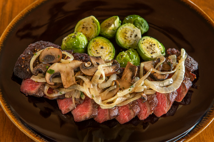 sliced ostrich tenderloin with mushrooms and onions