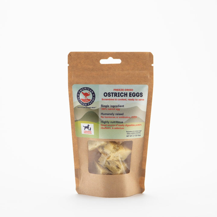 front of 0.7 oz bag of freeze dried ostrich eggs