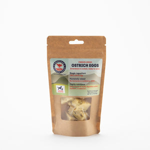 front of 0.7 oz bag of freeze dried ostrich eggs