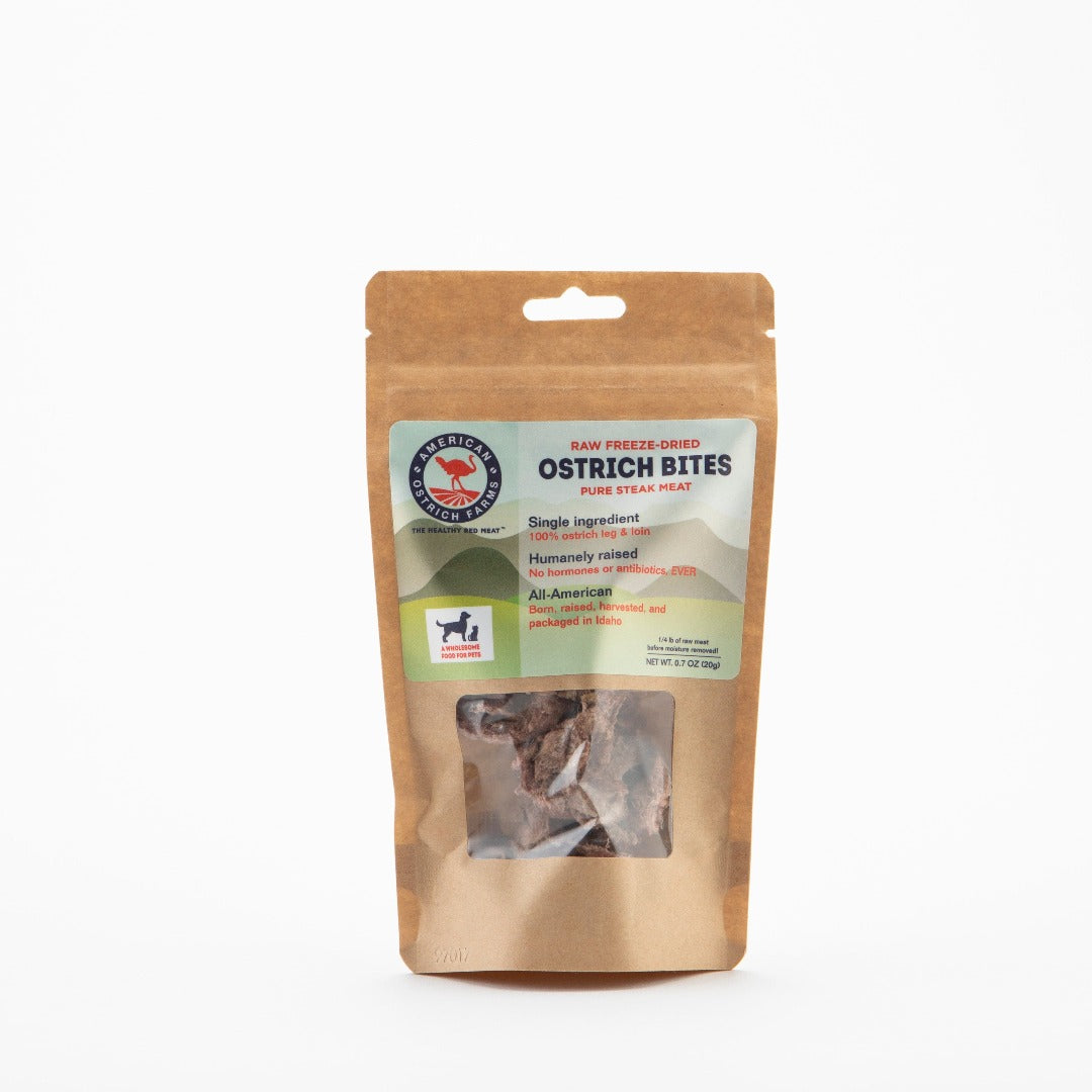 packaged raw freeze-dried ostrich steak bites