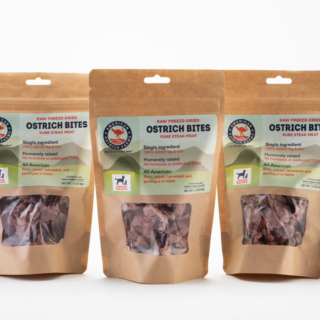 packaged raw freeze-dried ostrich steak bites