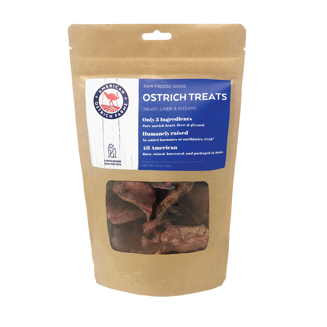 2.5 oz bag of raw freeze dried ostrich treats