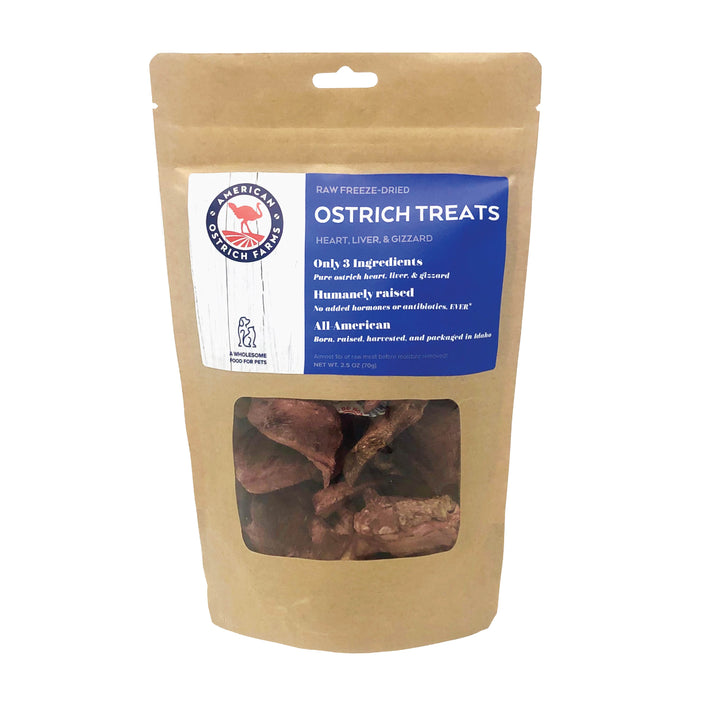 2.5 oz bag of raw freeze dried ostrich treats