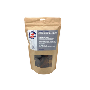 single package of smoked ostrich knuckle chews for dogs