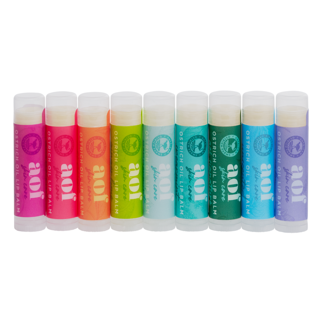 9-flavor variety pack of ostrich oil lip balm