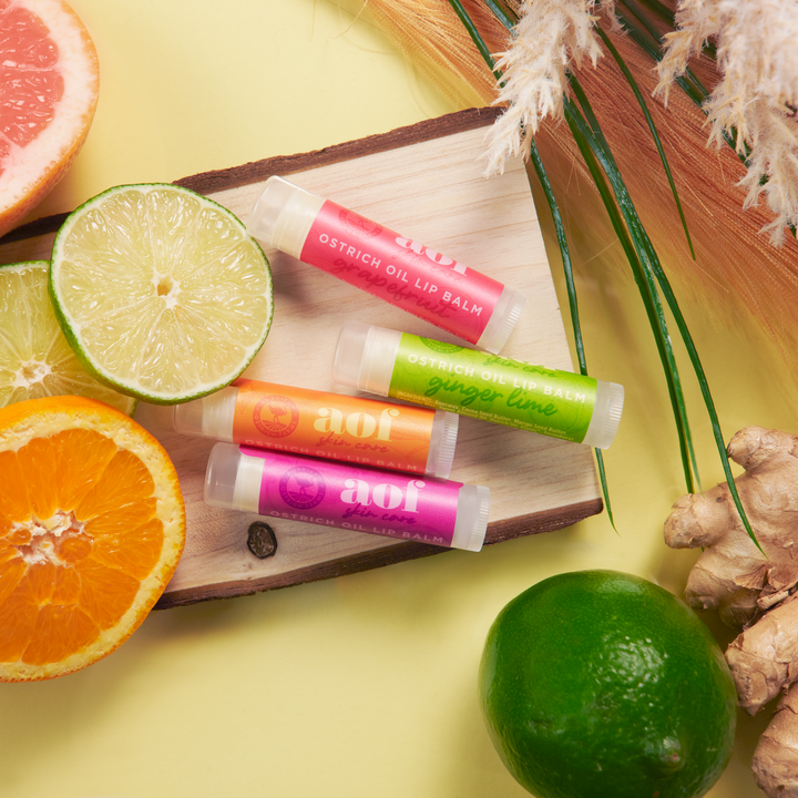 fruit flavored ostrich oil lip balms with all natural ingredients