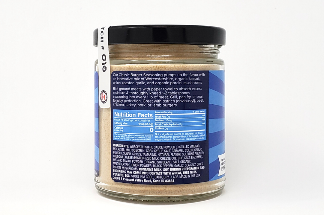 Nutrition label of 6.5 oz Jar of Classic Burger Seasoning