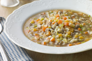 Vegetable barley soup made with lamb neck broth