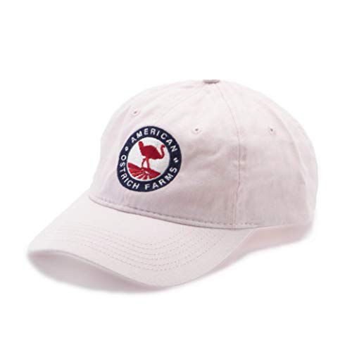 american ostrich farms badge on pink hat