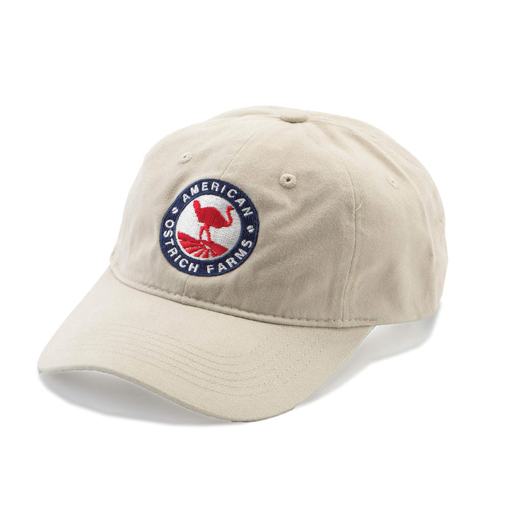 american ostrich farms badge on stone hat